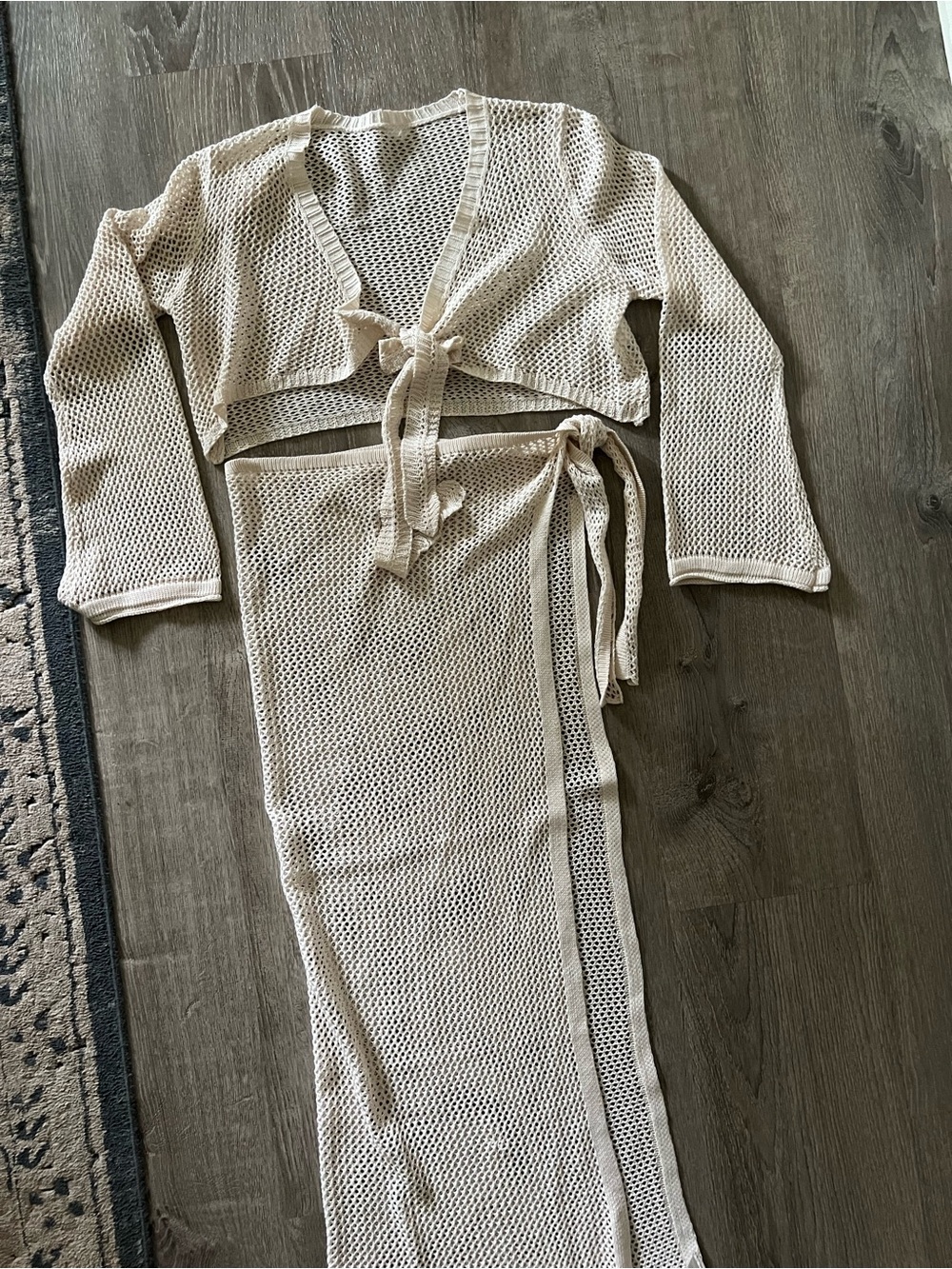 Amazon Beige Open-Knit Tie-Front Coverup Set